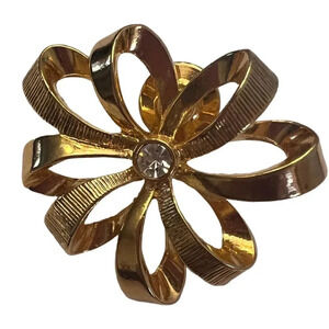 Vintage Avon Nina Ricci Bow Flower Lapel Brooch Pin Rhinestone Gold Tone